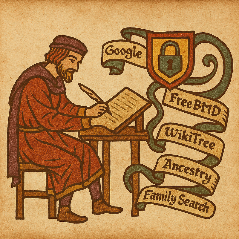 Wareham family history genealogy family history research. A scholar in red and gold Tudor attire. Scrolls unfurling from a heraldic shield. Website names written in medieval calligraphy. A parchment-textured background with warm tones.